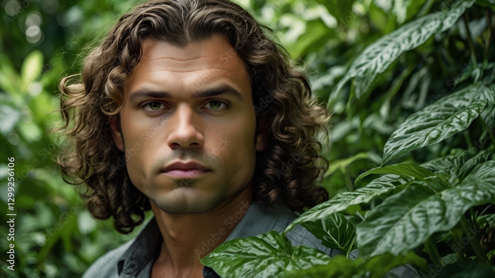 Man with a beard and and long hairs. Long-Haired Guy in forest. green exotic rain forest exploring nature. Man with a beard and and long hairs. Long-Haired Guy in forest. green exotic rain forest exploring nature.