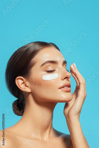 A beautiful woman applying cream to her face