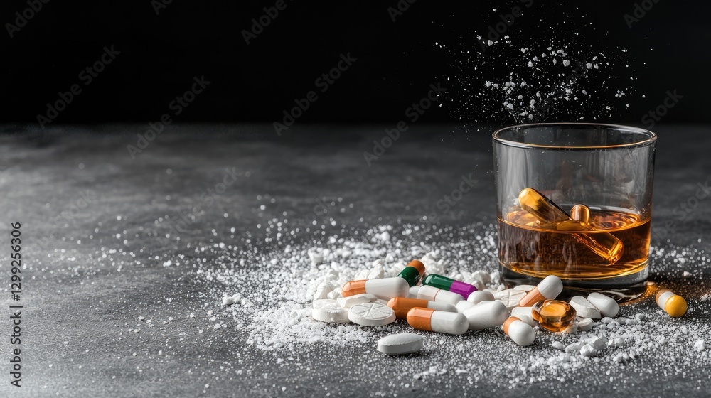 Fototapeta premium Pills, whiskey, powder on dark surface; substance abuse concept