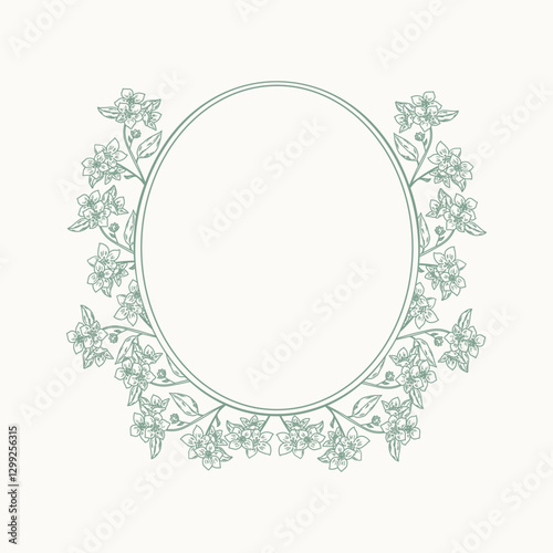 Frame border in classic vintage style. Hand drawn vector illustration. Round oval frame for invitations, wedding decor, menu, monogram, paper, print. Elegant background for design, card, template