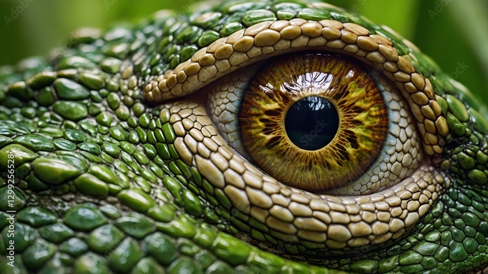 Fototapeta premium Close-up of a reptile's eye. Showcasing its intricate green and yellow pattern around. photorealistic, alligator, eye, reptile, wildlife, nature. 