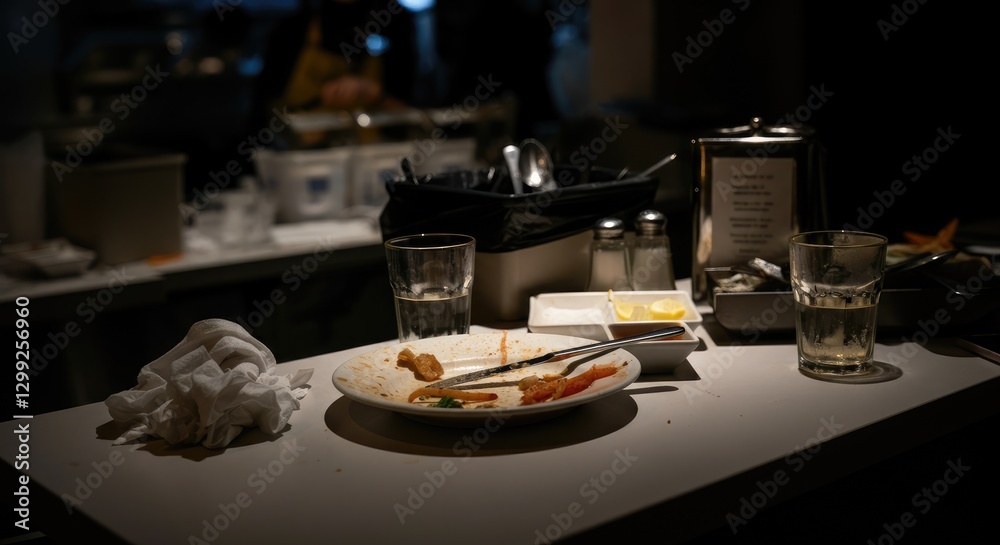 Empty plate with leftover food in dimly lit restaurant setting