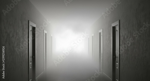Foggy hallway with closed doors leading to bright light