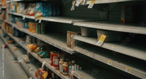 Partially empty grocery store shelves with scattered items