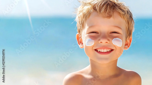Cute little boy at the beach with sunscreen lotion on the cheeks. Blue sky summer sunlight