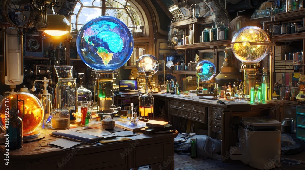 Mysterious scientist's study; globes, alchemy, research Mysterious scientist's study; globes, alchemy, research