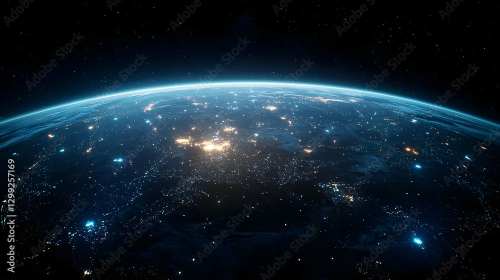 Fototapeta premium Blue Illuminated Earth Planet Night View With Starry Cosmos and Futuristic Digital Abstract Background