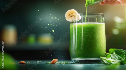 Making a fresh green smoothie with spinach banana and almond milk in a modern kitchen. Generative AI photo