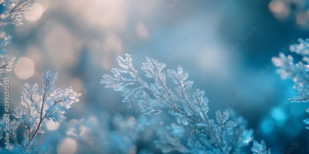 Naklejka premium This stunning close-up image showcases delicate frost-covered foliage in a captivating wintery scene. The cool blue tones set a serene and magical atmosphere. Perfect for nature lovers. AI
