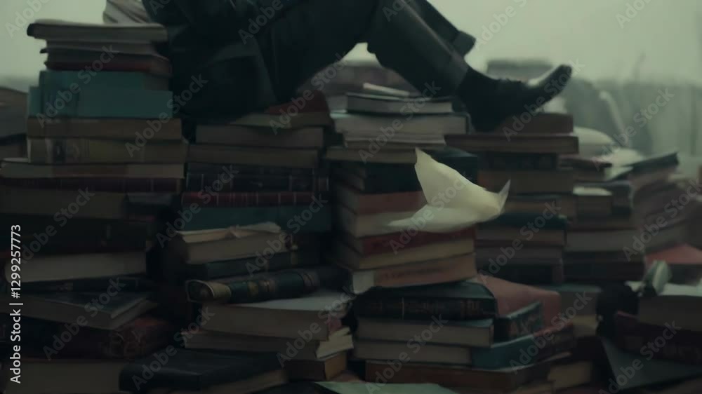 A man in a suit reads atop a pile of books, with a vintage filter. Side angle shot creates a cinematic, introspective video scene.