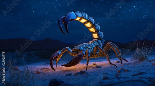 Stealthy Scorpion stalking through the desert at night its segmented tail arched high pincers flexing body glowing faintly under ultraviolet light