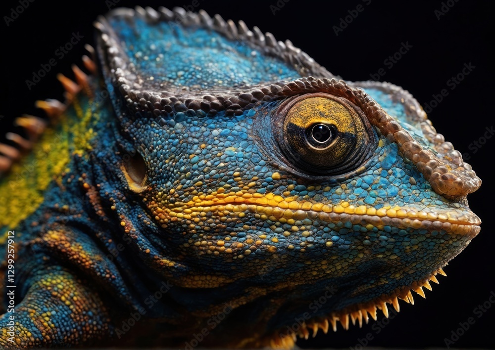 Fototapeta premium Striking Macro Portrait of a Colorful Chameleon Head. Ideal for showcasing exotic reptile details in nature documentaries or educational materials