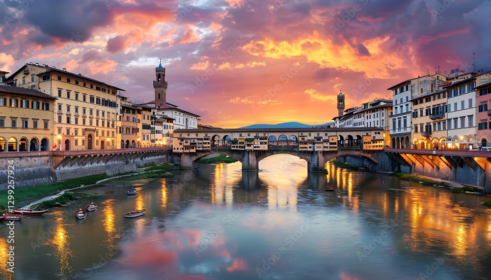 Fototapeta premium Ponte Vecchio over Arno river at sunset, Florence, Italy