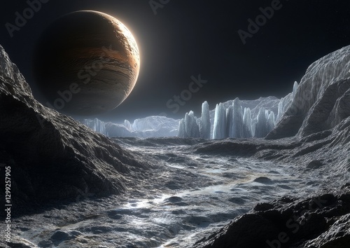 Europa with its icy surface depicting shadows of towering ice pillars photo