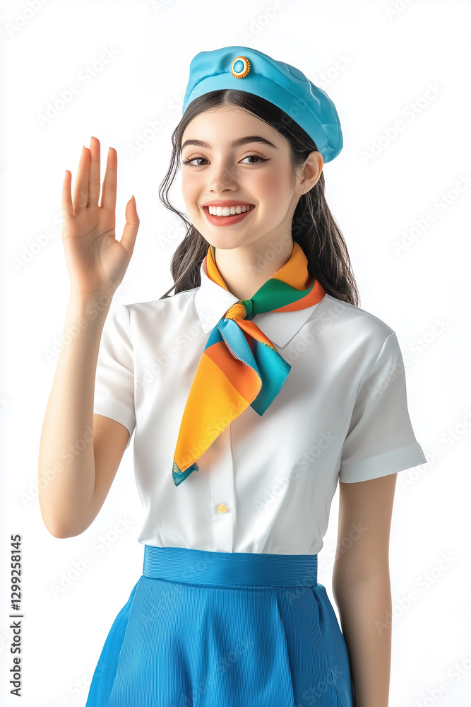 Friendly airline attendant smiling and waving in colorful uniform Friendly airline attendant smiling and waving in colorful uniform
