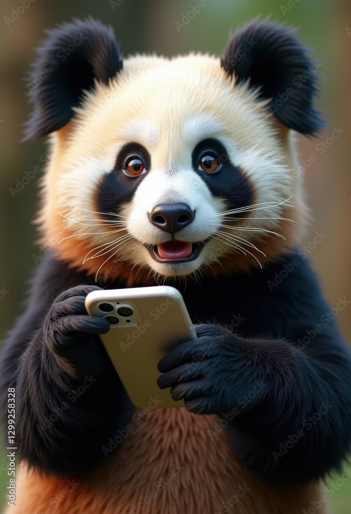 Obraz premium A playful panda holds a smartphone, exuding charm and curiosity in a vibrant natural setting, perfect for engaging marketing campaigns and social media content.