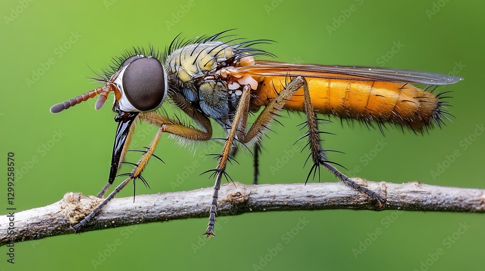 Stealthy Robber Fly perched on a thin branch its large compound eyes scanning for prey sharp proboscis ready to strike spiny legs gripping tightly Stealthy Robber Fly perched on a thin branch its large compound eyes scanning for prey sharp proboscis ready to strike spiny legs gripping tightly