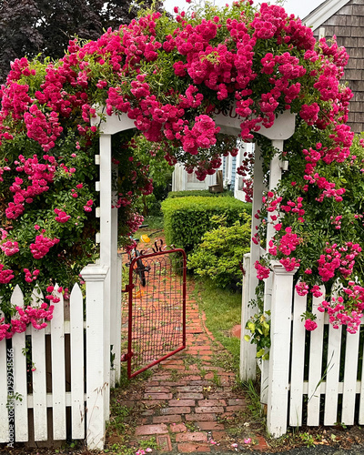 Blooming pink and red roses, cover an arbor entrance to a yard at a summer home on Cape Cod
