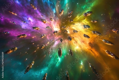 Fototapeta Naklejka Na Ścianę i Meble -  swarm of alien spacecraft converging on a vibrant, multicoloured nebula, ships glittering in hues contrasted against the nebula’s glowing gases