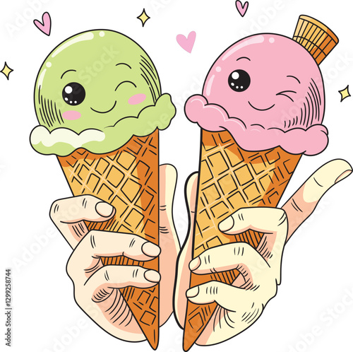 Two kawaii-style ice cream cones smile at each other. the illustration shows two horns with animated faces. One cone is strawberry, the other pistachio, and both of them are smiling happily.