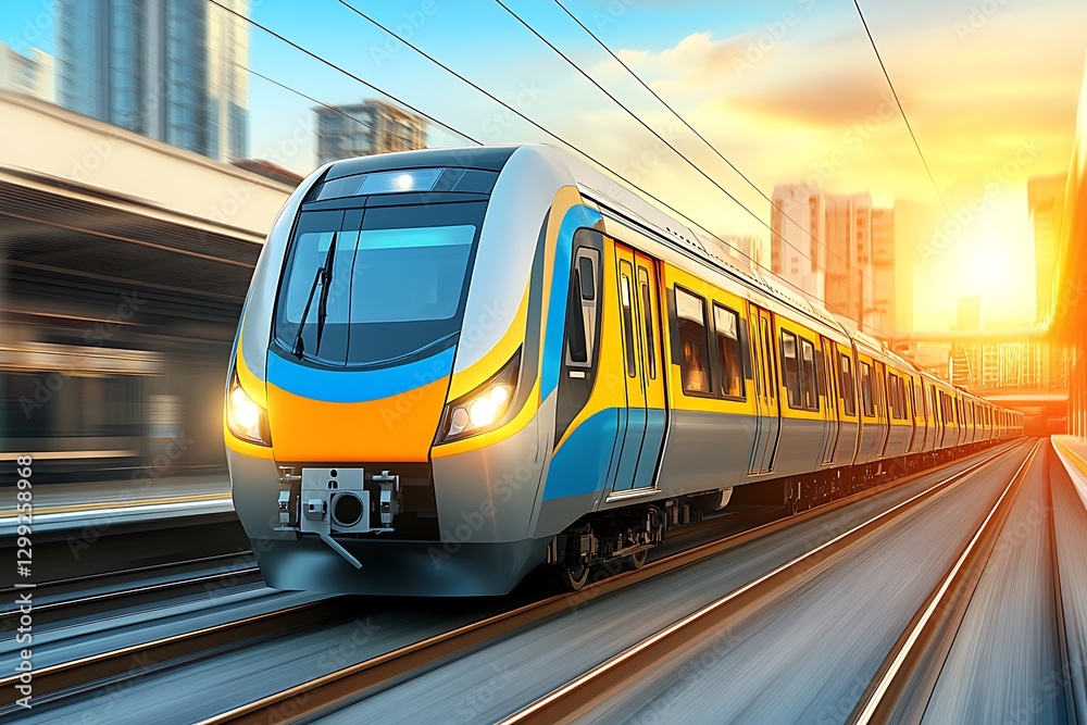 Naklejka premium A modern passenger train is speeding quickly on the railway tracks