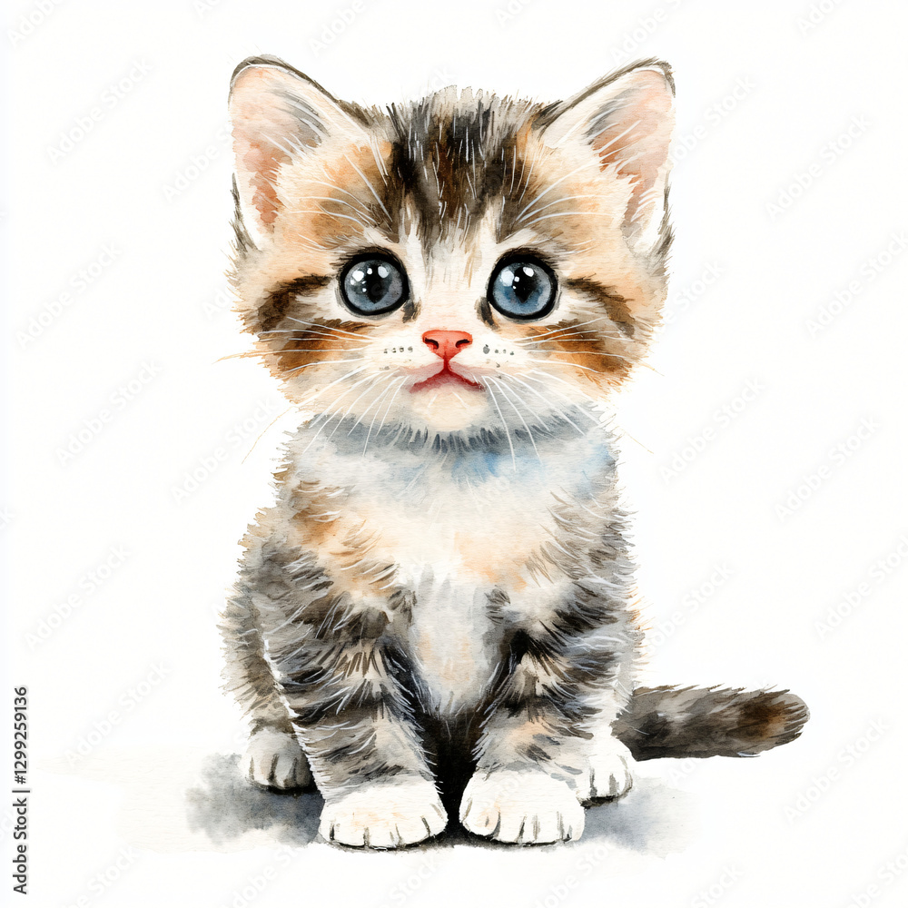 Obraz premium A watercolor cute gray baby kitten painting illustration isolated on a white background, a cute gray baby kitten illustration, painting, AI Painting design. set