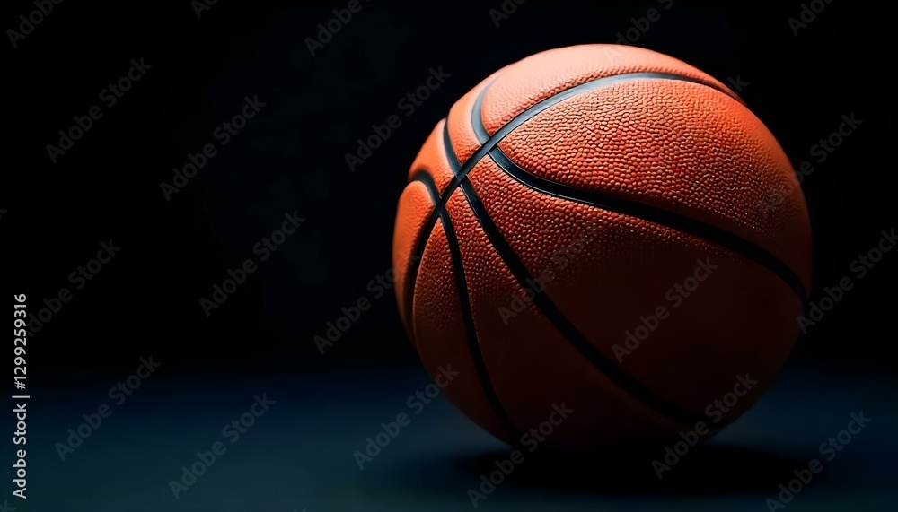 Un primer plano de estudio de una pelota de baloncesto sobre un fondo negro, iluminado para resaltar su textura y forma Un primer plano de estudio de una pelota de baloncesto sobre un fondo negro, iluminado para resaltar su textura y forma