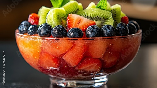 A vibrant fruit salad with kiwi blueberries strawberries and watermelon in a glass bowl. Generative AI photo