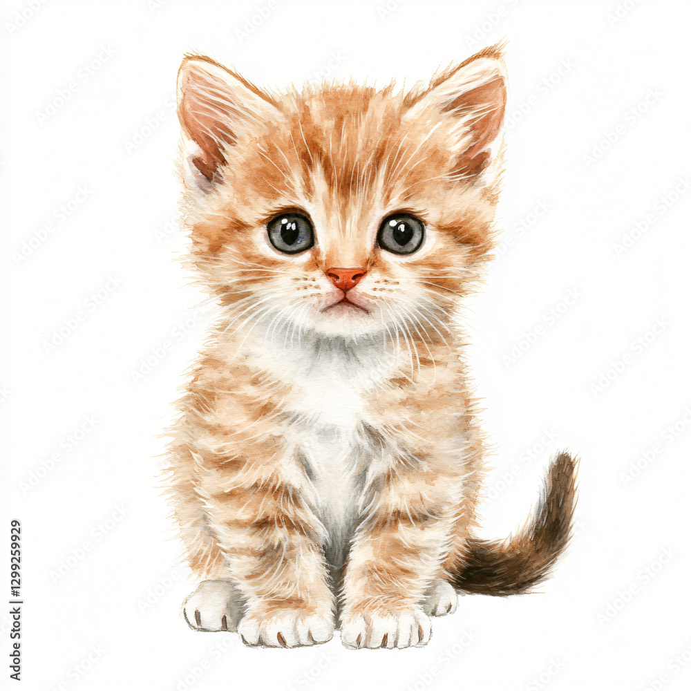 A watercolor cute yellow baby kitten painting illustration isolated on a white background, a cute yellow baby kitten illustration, painting, AI Painting design. animals set A watercolor cute yellow baby kitten painting illustration isolated on a white background, a cute yellow baby kitten illustration, painting, AI Painting design. animals set