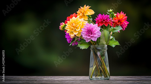 Wallpaper Mural Colorful Dahlia Flowers in a Glass Vase on a Rustic Wooden Table with a Blurred Green Background Torontodigital.ca