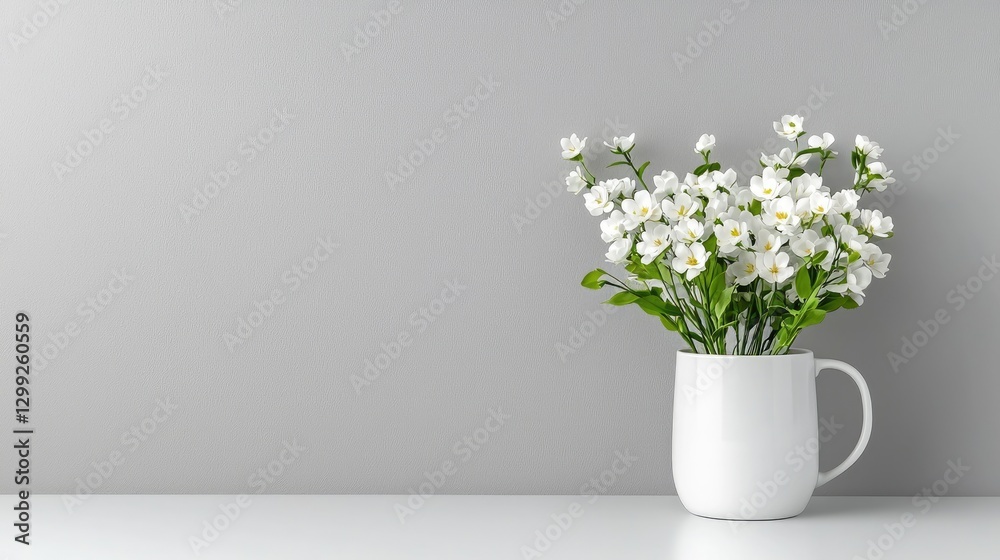 White flowers in mug, grey wall background, minimalist decor, website banner White flowers in mug, grey wall background, minimalist decor, website banner