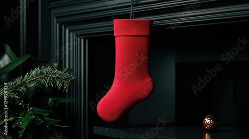 Red stocking hangs above fireplace mantel