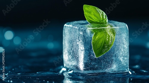 Ice cube with basil frozen inside creating a crisp refreshing visual. Generative AI photo