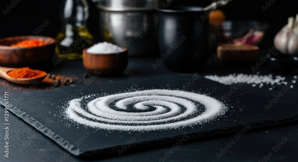 Spiral pattern of salt on black slate with various spices in background Spiral pattern of salt on black slate with various spices in background