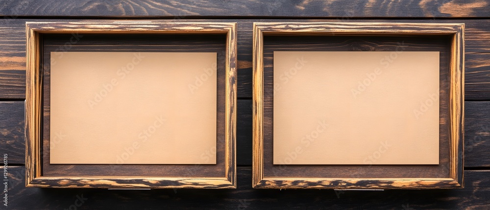 Fototapeta premium Two Rustic Wooden Frames Mockup on Dark Wood Background
