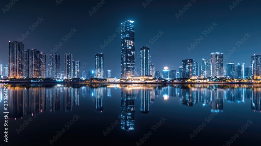 Obraz premium Night Cityscape Reflection, Tranquil urban beauty at night.