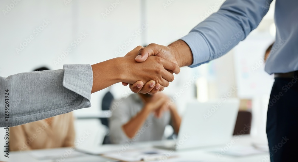 Close-up of diverse professionals shaking hands in office setting Close-up of diverse professionals shaking hands in office setting
