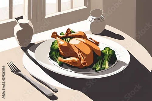 A simple dish of roasted chicken with a side of steamed broccoli on a plain plate.