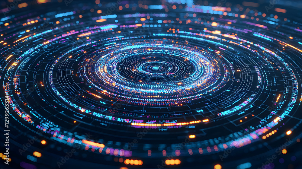 Abstract Digital Data Visualization Circuit Pattern With Blue And Orange Light Glowing
