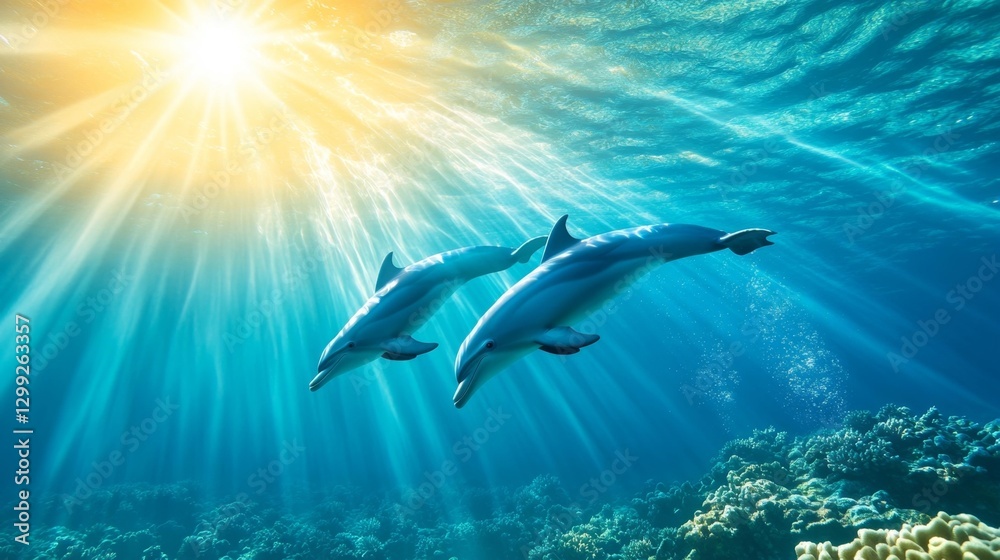 A pod of dolphins swimming gracefully through a vibrant coral reef with sunlight streaming through the water. Generative AI A pod of dolphins swimming gracefully through a vibrant coral reef with sunlight streaming through the water. Generative AI