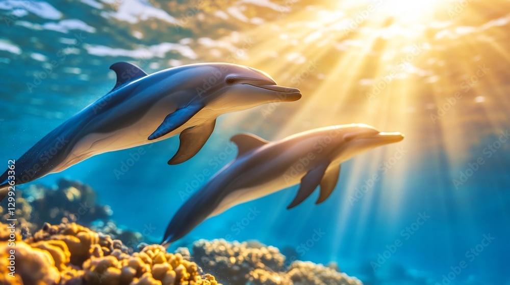 Obraz premium Two dolphins swimming together under a golden sunlight filter in the crystal-clear blue ocean waters. Generative AI