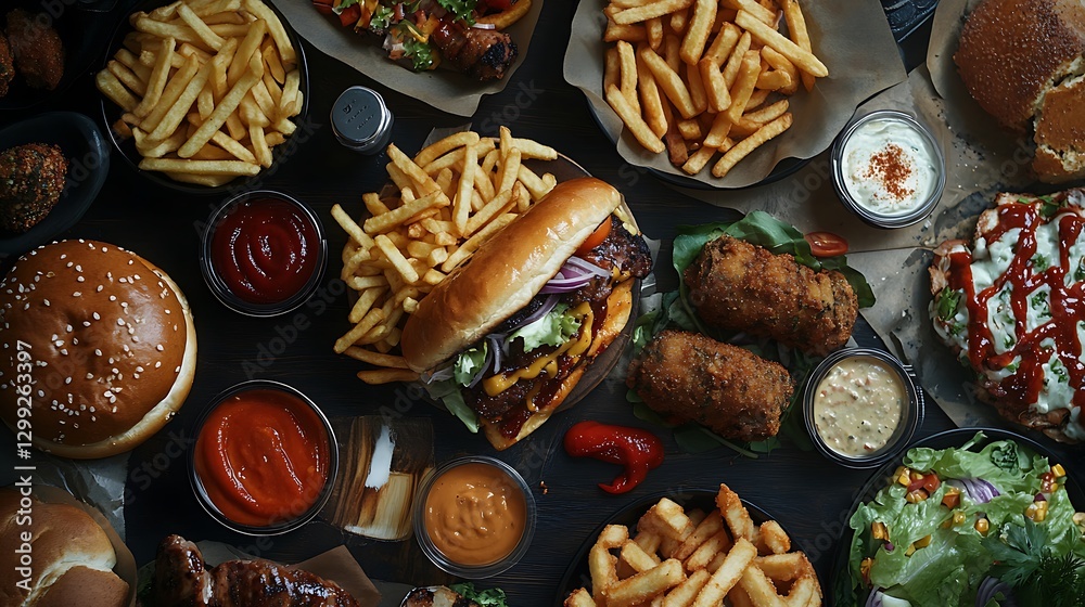 Tasty tacos with meat and vegetables on wooden board