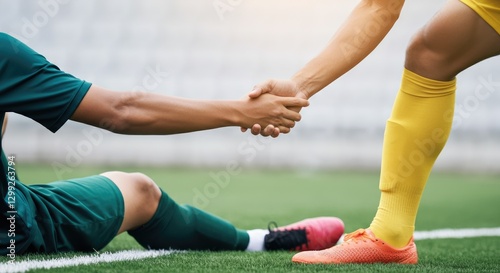 Soccer player helps teammate get up from field