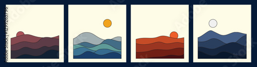 Set of abstract simple backgrounds. Beach , mountain, hills, desert pattern symbol of each part of the day. Sunrise, sunset, day, night. web banner, poster, bohemian style.Vector illustration