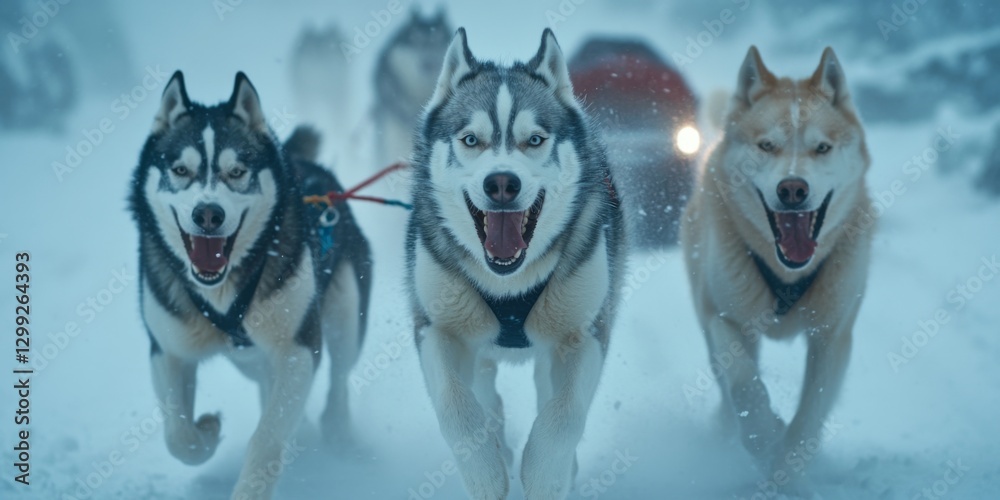 A dynamic team of Siberian Huskies races through a snowy environment. Their powerful strides showcase athleticism and excitement. This image captures the thrill of dog sledding. AI A dynamic team of Siberian Huskies races through a snowy environment. Their powerful strides showcase athleticism and excitement. This image captures the thrill of dog sledding. AI