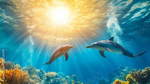 Two playful dolphins swimming together in a vibrant underwater world surrounded by corals and sunlight. Generative AI photo