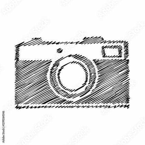 Hand-drawn vintage camera sketch. Classic 35mm film camera illustration. Retro photography concept for artists, photographers, vintage enthusiasts