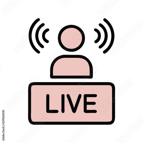Person broadcasting with LIVE sign and radio waves. Pink and black streaming illustration. Online content creation concept for streamers, podcasters, influencers