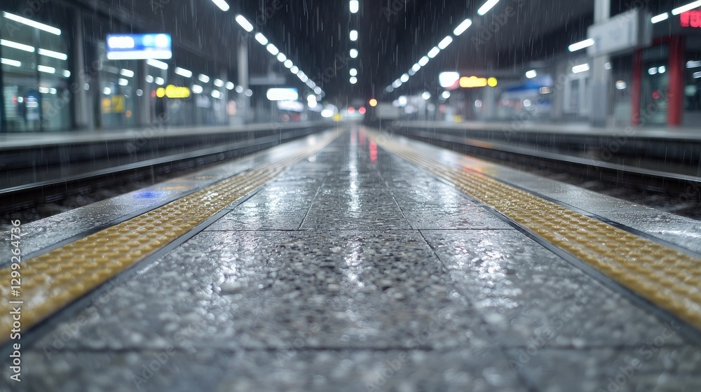 Wet Train Station Platform at Night Wet Train Station Platform at Night