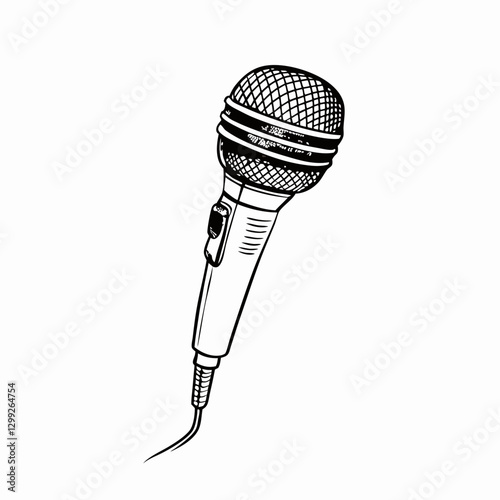 Sketch-style microphone with wire symbolizes live performance, voice-over work and stage presence. Concept: concert branding, podcast design, music content